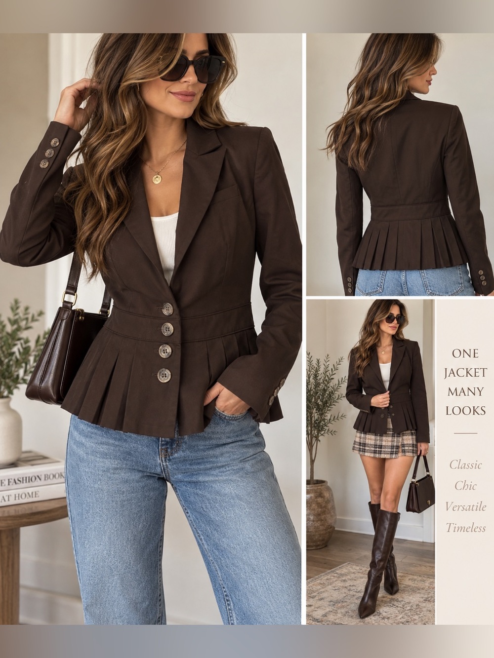 Bandolino Size 8 Chocolate Brown Stretch Peplum Blazer Y2K Pleated Jacket